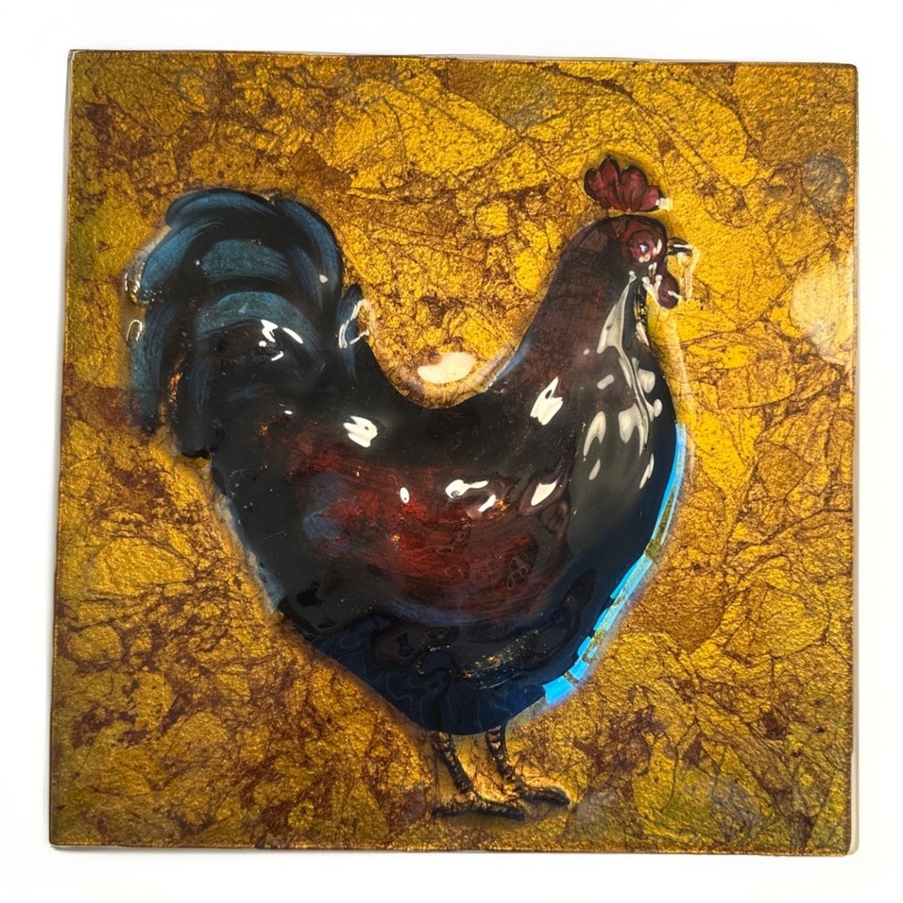 Pier 1 Imports Rooster Wall Art Chicken 10"x10" Reverse Painted Glass Farm Deco‎
